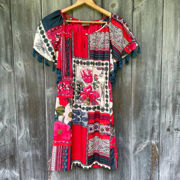Vanessa Virginia Vintage-Inspired Red Floral Patchwork Dress Boho Summer Mini XS - Picture 14 of 15